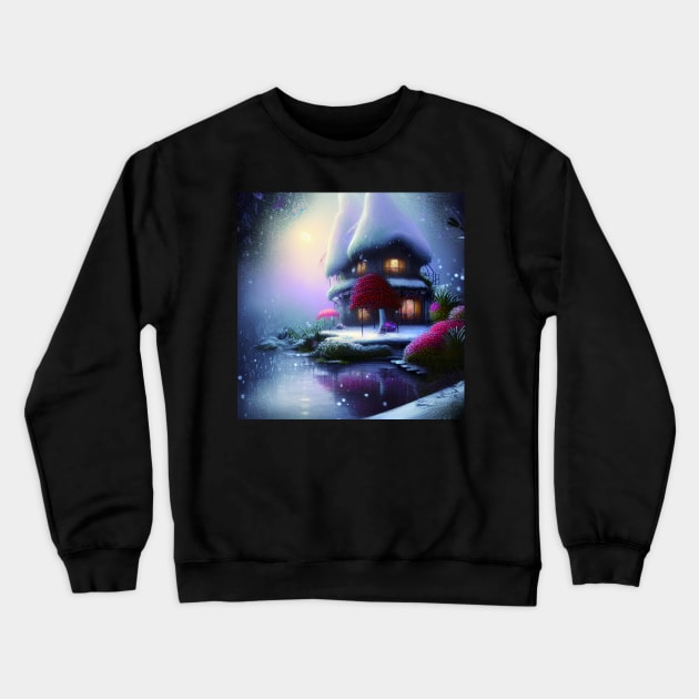 Sparkling Fantasy Cottage with Lights and Glitter Background in Snowy Scene, Scenery Nature Crewneck Sweatshirt by Promen Art